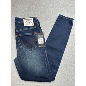 NWT True Religion Womens Blue Halle Denim Skinny Leg Jeans Dark Scorched Size 25